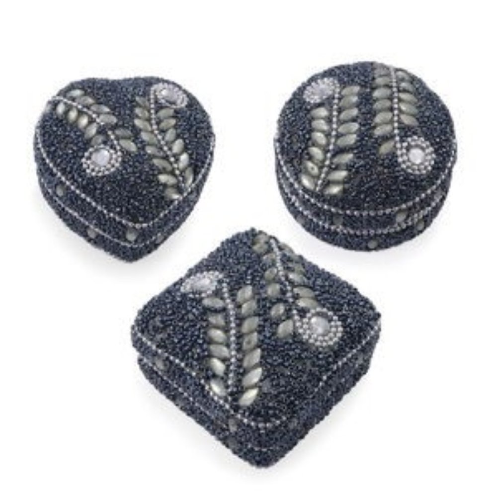 Handcrafted Set(3) Blue Beaded Mini Storage Boxes